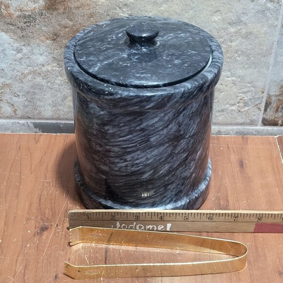 Vintage Dark Grey Heavy Marble Ice Bucket Matching Lid Pair Gold Toned Metal To - Picture 8 of 10